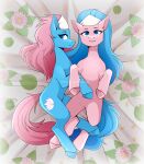  2022 absurd_res accessory aloe_(mlp) blue_body blue_eyes blue_hair buvanybu cutie_mark digital_media_(artwork) duo earth_pony embrace equid equine female feral friendship_is_magic hair hair_accessory hasbro hi_res horse hug looking_at_viewer lotus_(mlp) lying mammal my_little_pony on_back on_side pink_body pink_hair pony 
