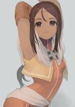 1girl arm_warmers arms_up brown_hair burisuke character_request dark-skinned_female dark_skin facial_mark forehead_mark long_hair looking_at_viewer radiata_stories simple_background solo standing 