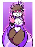  anthro big_breasts bovid breasts brown_body brown_fur brown_hair cape caprine cleavage clothed clothing crown female fur goat hair hi_res horn looking_at_viewer mammal mask navel nelljoestar pink_eyes purple_clothing smile solo spiral_eyes thick_thighs underwear wide_hips 