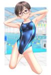  1girl absurdres arms_behind_head black_hair blue_one-piece_swimsuit blurry blurry_background breasts brown_eyes commentary_request competition_swimsuit covered_navel full_body glasses highres kneeling looking_at_viewer one-piece_swimsuit original pool short_hair small_breasts solo swimsuit takafumi 