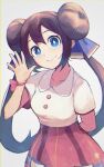  1girl arm_behind_back blue_eyes blush bright_pupils brown_hair buttons closed_mouth collared_shirt commentary_request double_bun doughnut_hair_bun hair_bun hair_ribbon hand_up looking_at_viewer orr_(kkkkbbbbc) pokemon pokemon_(game) pokemon_bw2 pokestar_studios red_skirt ribbon rosa_(pokemon) shirt short_sleeves skirt smile solo twintails white_background white_pupils white_shirt 