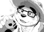  2022 anthro blush clothed clothing eyewear glasses hat headgear headwear hijirinoyuta humanoid_hands jack-o&#039;-lantern kemono lifewonders male mammal portrait solo straw_hat tokyo_afterschool_summoners ursid video_games volos 