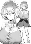  1girl absurdres bare_shoulders breasts commentary_request esouko eyelashes greyscale hair_ornament hairclip happy highres large_breasts looking_at_viewer mole mole_under_mouth monochrome original short_hair simple_background smile solo standing white_background 