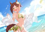  1girl :d animal_ears arm_strap bangs bare_shoulders bikini blue_sky blush bow breasts brown_hair cloud collarbone cowboy_shot day fine_motion_(umamusume) flower green_bikini green_bow hair_flower hair_ornament highres holding horse_ears horse_girl horse_tail looking_at_viewer multicolored_hair navel ocean open_mouth outdoors petals saboten_mushi short_hair sky small_breasts smile solo stomach swimsuit tail thigh_strap two-tone_hair umamusume water white_flower white_hair yellow_eyes 