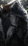  2022 abs anthro biped blaidd_(elden_ring) bulge canid canine canis cloak clothing digital_media_(artwork) dopq elden_ring fangs fromsoftware fur grey_body grey_fur hi_res holding_object holding_sword holding_weapon looking_at_viewer male mammal melee_weapon muscular muscular_anthro muscular_male pecs purple_eyes solo sword video_games weapon wolf 