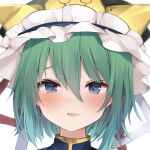  1girl :d balance_scale blue_eyes blush frilled_hat frills green_hair hat highres karasusou_nano looking_at_viewer open_mouth portrait shiki_eiki short_hair simple_background smile solo touhou weighing_scale white_background 
