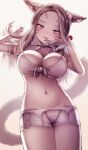  1girl animal_ears armlet avatar_(ff14) bikini bikini_top_only blonde_hair blue_eyes blush breasts cat_ears cat_tail cowboy_shot facial_mark final_fantasy final_fantasy_xiv front-tie_bikini_top front-tie_top large_breasts long_hair looking_at_viewer miqo&#039;te navel rot_lapin shorts solo swimsuit tail whisker_markings white_background 