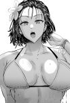  1girl alternate_costume bikini breasts daraz flower fubuki_(one-punch_man) greyscale hair_flower hair_ornament highres large_breasts looking_at_viewer monochrome one-punch_man open_mouth short_hair solo swimsuit upper_body 