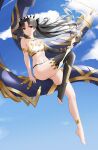  1girl :/ anklet armlet bangs bare_legs bare_shoulders barefoot bikini black_bikini black_hair black_thighhighs blue_sky breasts cleavage closed_mouth cloud earrings fate/grand_order fate_(series) feet floating_hair flying full_body gold_trim highres holding hoop_earrings ishtar_(fate) jewelry knee_up legs long_hair looking_at_viewer mismatched_bikini navel parted_bangs qing_wu red_eyes single_thighhigh sky small_breasts solo stomach swimsuit thighhighs toeless_legwear toes white_bikini 