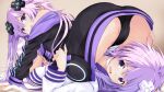  2girls adult_neptune ass bare_shoulders black_choker black_jacket blush breasts choker cleavage d-pad d-pad_hair_ornament hair_between_eyes hair_ornament hood hooded_jacket iwashi_dorobou_-r- jacket long_hair looking_at_viewer medium_breasts midriff multiple_girls navel nepgear neptune_(series) purple_eyes purple_hair smile very_long_hair 