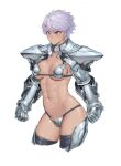  1girl abs armor bikini_armor breasts contrapposto cowter dark_skin earrings gauntlets gorget highres jewelry muscular muscular_female navel orange_eyes original pauldrons purple_hair ranma_(kamenrideroz) short_hair shoulder_armor simple_background solo thighhighs white_background 