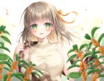  1girl :d bare_arms bare_shoulders blurry blurry_foreground blush bow breasts brown_hair brown_sweater commentary_request depth_of_field flower green_eyes hair_bow hands_up highres holding kohinata_hoshimi long_hair looking_at_viewer medium_breasts open_mouth orange_bow orange_flower original osmanthus plaid revision shawl sleeveless sleeveless_sweater smile solo sweater turtleneck turtleneck_sweater upper_body white_sweater 