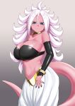  1girl android_21 black_nails black_tube_top bracelet breasts choker cleavage colored_skin dragon_ball dragon_ball_fighterz earrings female_majin harem_pants hi_rontea hoop_earrings jewelry large_breasts light_persona majin_android_21 pants pink_skin pointy_ears smile solo strapless tail tube_top white_hair white_pants yellow_choker 