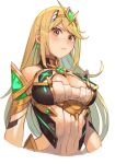  1girl bangs bare_shoulders blonde_hair breasts chest_jewel cleavage cleavage_cutout clothing_cutout dress gem headpiece hungry_clicker large_breasts long_hair mythra_(xenoblade) short_dress solo swept_bangs tiara very_long_hair white_dress xenoblade_chronicles_(series) xenoblade_chronicles_2 yellow_eyes 