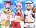  3girls animal_ears baseball_cap basketball blue_hair blush breasts cleavage contrapposto cowboy_shot crop_top ears_through_headwear green_eyes grey_eyes grey_hair groin hat highres hololive large_breasts lion_ears looking_at_viewer medium_breasts midriff multiple_girls navel navel_piercing nootomo open_mouth orange_eyes piercing purple_hair racket shishiro_botan sky smile sportswear tennis_racket tied_ears tokoyami_towa twintails usada_pekora virtual_youtuber 