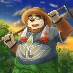  2022 anthro band-aid bandage brown_body brown_fur clothing cloud detailed_background eyewear farmer fur glasses gloves handwear hat headgear headwear hi_res humanoid_hands kemono lifewonders male mammal outside overweight overweight_male shirt solo straw_hat tokyo_afterschool_summoners topwear towel towel_around_neck ursid video_games volos yaki_atsuage 