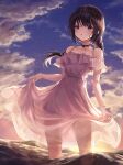  1girl bare_shoulders black_hair blush braid braided_ponytail choker cloud dress heeri highres long_hair looking_at_viewer miki_(virtuareal) nijisanji ocean off-shoulder_dress off_shoulder outdoors purple_eyes ribbon_choker second-party_source see-through single_braid skirt_hold sky sleeveless sleeveless_dress solo standing sundress virtual_youtuber virtuareal wading water white_dress 