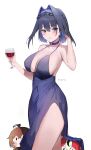  3girls absurdres artist_name bare_shoulders black_hair blue_choker blue_dress blue_eyes blue_hair blush breasts chibi choker cleavage collarbone commentary cup dress drink hair_intakes hakos_baelz highres holding holding_cup holding_drink hololive hololive_english large_breasts looking_at_viewer maanu multicolored_hair multiple_girls nanashi_mumei ouro_kronii parted_lips shiny shiny_hair short_hair side_slit simple_background sleeveless sleeveless_dress smile smol_baelz smol_mumei thighs two-tone_hair virtual_youtuber white_background 