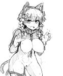  1girl animal_ears bar_censor breasts cat_ears cat_tail censored claw_pose contrapposto cowboy_shot fang gao hair_between_eyes highres kaenbyou_rin large_breasts looking_at_viewer multiple_tails nekomata nipples peso_(cheese_company) pussy ribbed_sweater simple_background sketch slit_pupils solo sweater tail touhou two_tails 