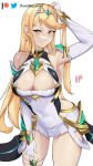  1girl 2022 arm_behind_head arm_up armpits artist_name bangs bare_shoulders blonde_hair breasts chest_jewel circlet cleavage cleavage_cutout closed_mouth clothing_cutout commission damodar dress earrings elbow_gloves gloves highres jewelry large_breasts long_hair looking_at_viewer mythra_(xenoblade) patreon_logo simple_background smile solo swept_bangs tiara twitter_logo white_background white_dress white_gloves xenoblade_chronicles_(series) xenoblade_chronicles_2 yellow_eyes 