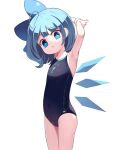  1girl :&lt; armpits arms_behind_back bangs bare_arms blue_bow blue_eyes blue_hair bow bright_pupils cirno covered_navel cowboy_shot female_child flat_chest hair_bow head_tilt highres ice ice_wings light_blue_hair looking_at_viewer one-piece_swimsuit open_mouth short_hair simple_background solo sseopik standing stretching swimsuit touhou white_background wings 