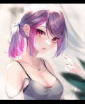  1girl absurdres bangs blush breasts cleavage collarbone ear_piercing gundou_mirei hand_up highres jewelry large_breasts looking_at_viewer looking_to_the_side medium_hair necklace nijisanji open_mouth piercing purple_eyes purple_hair rai_(newtype_xm-x1) solo upper_body virtual_youtuber 