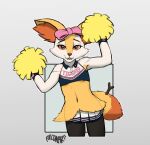  2022 accessory anthro bottomwear bow_accessory bow_ribbon brai-brai_(fulconarts) braixen breasts cheek_tuft cheerleader cheerleader_outfit clothing cute_expression cute_eyes digital_media_(artwork) facial_tuft female fluffy fulconarts generation_6_pokemon hair_accessory hair_bow hair_ribbon hi_res looking_at_viewer miniskirt neck_tuft nintendo pokemon pokemon_(species) pom_poms ribbons short short_stack size_difference skirt slim small_breasts small_waist smaller_female smile smiling_at_viewer solo tuft video_games 