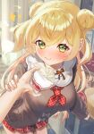  1girl :t bangs blonde_hair blush brown_sweater closed_mouth day double_bun food food_on_face green_eyes hair_bun highres hiyorou holding holding_another&#039;s_wrist holding_food hololive leaning_forward long_hair long_sleeves looking_at_viewer miniskirt momosuzu_nene outdoors pov pov_hands red_skirt skirt sweater two_side_up virtual_youtuber 
