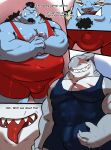  2022 absurd_res anthro belly big_belly blue_body bulge duo fish fish-men_(one_piece) friendly_unit93 hi_res humanoid_hands jinbe male marine musclegut muscular muscular_male navel one_piece overweight overweight_male scar shark tongue tongue_out wrestling_singlet 