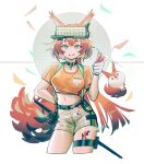  1girl absurdres animal_ears arknights black_collar collar constant_qiu cropped_legs eyewear_on_head flametail_(arknights) flametail_(sport_for_all)_(arknights) head-mounted_display highres midriff navel orange_eyes orange_shirt pointing red_hair shirt shorts smile squirrel_ears squirrel_tail stuffed_squirrel tail thigh_strap two-tone_gloves 