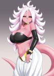  1girl android_21 black_nails black_sclera black_tube_top bracelet breasts choker cleavage colored_sclera colored_skin dark_persona dragon_ball dragon_ball_fighterz earrings female_majin harem_pants hi_rontea hoop_earrings jewelry large_breasts looking_at_viewer majin_android_21 pants pink_skin pointy_ears red_eyes smile smirk solo strapless tail tube_top white_hair white_pants yellow_choker 