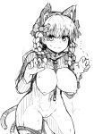  1girl animal_ears breasts cat_ears cat_tail claw_pose contrapposto cowboy_shot fang hair_between_eyes highres kaenbyou_rin large_breasts looking_at_viewer multiple_tails nekomata nipples peso_(cheese_company) pussy ribbed_sweater simple_background sketch slit_pupils solo sweater tail touhou two_tails 