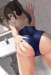  1girl absurdres ass ass_grab back bare_arms bare_shoulders bent_over brown_eyes brown_hair closed_mouth competition_swimsuit cowboy_shot deep_skin eto_(ikumika) from_behind grabbing_own_ass highres long_hair looking_at_viewer looking_back mirror nape one-piece_swimsuit original profile reflection school_swimsuit sidelocks solo swimsuit tile_wall tiles twintails 