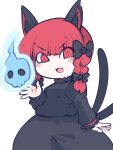  1girl :3 :d animal_ears bangs black_bow blunt_bangs bow braid cat_ears cat_tail dress fried_rice0614 hair_bow highres hitodama kaenbyou_rin long_sleeves multiple_tails red_eyes red_hair slit_pupils smile solo tail touhou two_tails v-shaped_eyebrows 