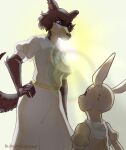  admiralobster anthro backlighting beastars blue_eyes bottomwear brown_body brown_fur canid clothed clothing duo female fur glistening glistening_eyes hand_on_hip haru_(beastars) hi_res juno_(beastars) lagomorph leporid light lighting looking_at_another looking_down mammal mouth_closed narrowed_eyes pupils rabbit signature simple_background skirt slit_pupils standing tan_body tan_fur white_bottomwear white_clothing white_skirt 
