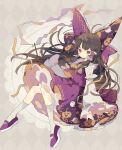  1girl argyle argyle_background ascot bare_shoulders bow brown_eyes brown_hair closed_mouth detached_sleeves frilled_skirt frills full_body gohei hair_bow hair_tubes hakurei_reimu halloween halloween_costume highres japanese_clothes kneehighs long_hair nikorashi-ka nontraditional_miko purple_bow purple_footwear purple_skirt ribbon-trimmed_sleeves ribbon_trim shoes sidelocks skirt smile socks solo touhou white_sleeves white_socks wide_sleeves yellow_ascot 