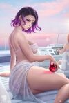  2girls ass breasts commentary dc_comics dress fishnets forehead_jewel highres large_breasts lips looking_at_viewer multiple_girls outdoors prywinko purple_eyes purple_hair raven_(dc) see-through short_hair sitting solo_focus teen_titans watermark 