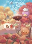  autumn_leaves bird bright_pupils brown_eyes cloud commentary_request day drifloon highres holding mokukitusui munchlax no_humans open_mouth outdoors pachirisu pokemon pokemon_(creature) rowlet sky sparkle starly steam tongue torchic tree white_pupils 