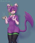  anthro blush bodily_fluids breast_grab breasts clothing collar container cup female generation_5_pokemon genitals hand_on_breast hi_res lactating legwear looking_at_viewer milk mr.albafox nintendo pokemon pokemon_(species) purrloin pussy smile smirk solo trix_(trix) video_games 