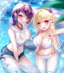  2girls absurdres bangs bikini blonde_hair blue_shorts breasts cleavage eyewear_on_head gundou_mirei hair_ornament hand_up heterochromia highres hoshikawa_sara kneeling large_breasts long_hair multiple_girls navel nijisanji open_mouth parted_lips partially_submerged purple_eyes rai_(newtype_xm-x1) shirt short_shorts shorts smile sunglasses swimsuit teeth thighs v virtual_youtuber water wet wet_clothes white_bikini white_shirt yellow_eyes 