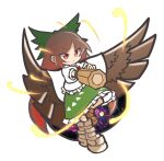  1girl arm_cannon bird_wings black_wings bow brown_hair closed_mouth green_bow green_skirt hair_bow long_hair looking_at_viewer puyopuyo red_eyes reiuji_utsuho shinmon_akika shirt short_sleeves simple_background skirt smile solo touhou weapon white_background white_shirt wings 