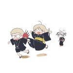  1boy 2girls :d ahoge alternate_costume bangs black_kimono black_shorts blonde_hair blush_stickers bow danganronpa_(series) danganronpa_2:_goodbye_despair gamhwa grey_background grey_hair hair_ribbon happy japanese_clothes kicking kimono kuzuryuu_fuyuhiko kuzuryuu_natsumi medium_hair multiple_girls open_mouth pekoyama_peko red_bow ribbon sandals short_hair short_sleeves shorts simple_background smile white_ribbon wide-eyed 