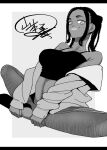  1girl bare_shoulders black_hair character_request commentary_request copyright_request dark-skinned_female dark_skin dekapoi eyelashes greyscale happy highres long_hair looking_at_viewer midriff monochrome navel signature sitting sketch smile solo 