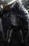  2022 abs anthro armor biped blaidd_(elden_ring) canid canine canis cloak clothing digital_media_(artwork) dopq elden_ring fangs fromsoftware fur greaves grey_body grey_fur hi_res holding_object holding_sword holding_weapon looking_at_viewer male mammal melee_weapon muscular muscular_anthro muscular_male pecs purple_eyes solo sword video_games weapon wolf 