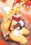  12:17 2022 4_fingers 4_toes ahoge anthro barefoot big_breasts bikini blonde_hair blush breasts canid canine claws cleavage clothed clothing digital_media_(artwork) feet female female_anthro finger_claws fingers fox fur hair heterochromia hi_res horokusa0519 kemono kneeling mammal multicolored_body multicolored_fur pawpads paws scarf solo swimwear toe_claws toes 