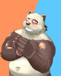  2022 anthro belly black_body blush bodily_fluids giant_panda hi_res humanoid_hands kemono male mammal navel o_hashi2020 overweight overweight_male simple_background solo sweat ursid white_body 