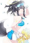  1girl animal_ears bangs bare_shoulders blue_archive blush breasts cheerleader dog_ears dog_girl dog_tail eyewear_on_head goggles goggles_on_head halo hibiki_(blue_archive) hibiki_(cheerleader)_(blue_archive) highres holding holding_pom_poms long_hair looking_at_viewer medium_breasts open_mouth oxygen_mask_(oxygenmask233) pom_pom_(cheerleading) solo sticker_on_arm sticker_on_face tail 
