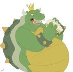  2022 anthro belly big_belly bracelet canson chubby_anthro chubby_male claws crown fangs food green_body hi_res holding_food holding_object holding_sandwich horn jewelry king_koopa koopa male mario_bros nintendo open_mouth overweight overweight_anthro overweight_male sandwich_(food) scalie shell slightly_chubby solo spiked_bracelet spiked_shell spikes spikes_(anatomy) tongue uvula video_games wide_eyed yellow_eyes 
