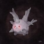  :&lt; black_background bright_pupils closed_mouth commentary_request frown full_body galarian_corsola glowing glowing_eyes highres pokemon pokemon_(creature) red_eyes signature simple_background spikes uta_(pixiv_4699580) white_pupils 