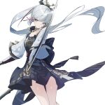 1girl absurdres arm_guards armor black_skirt chinese_knot dou feet_out_of_frame genshin_impact grey_eyes grey_hair hair_ornament highres holding holding_sword holding_weapon japanese_armor kamisato_ayaka katana kusazuri long_hair looking_at_viewer parted_lips ponytail qtian shirt simple_background skirt sleeves_past_elbows solo sword tassel_choker weapon white_background white_shirt wide_sleeves 